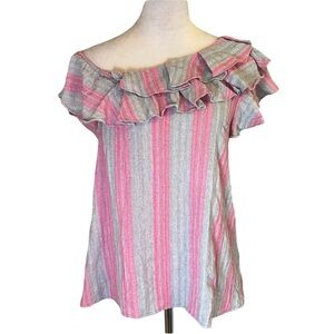 Cute boutique off the shoulder gray and pink ruffle shirt